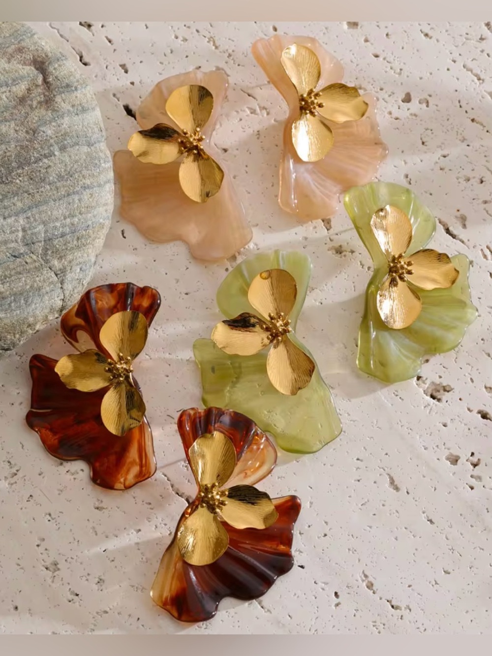 Golden Floral Statement Earrings – Tortoise Shell Resin Petals - Picture 2 of 4